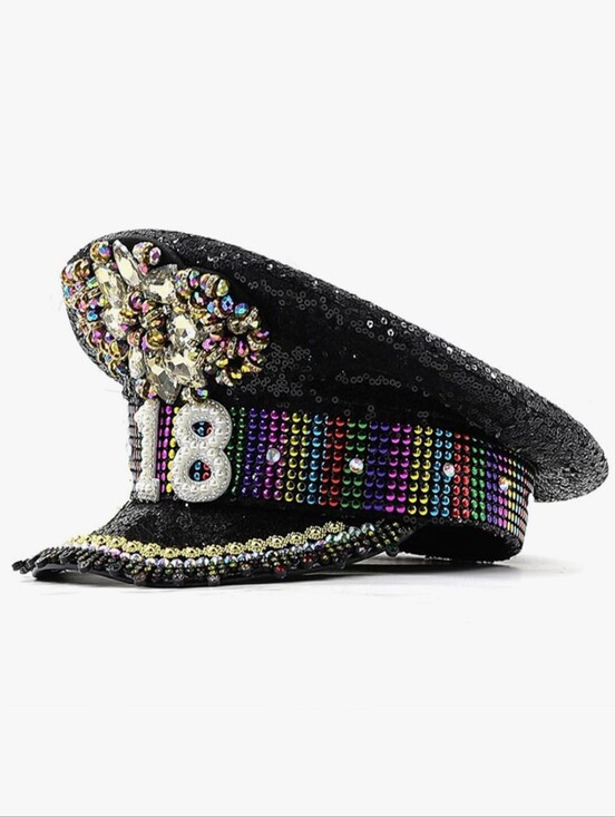 Accessories - GRABAGECAN Black Sequin Captain Hat with Multicolor Rhinestones